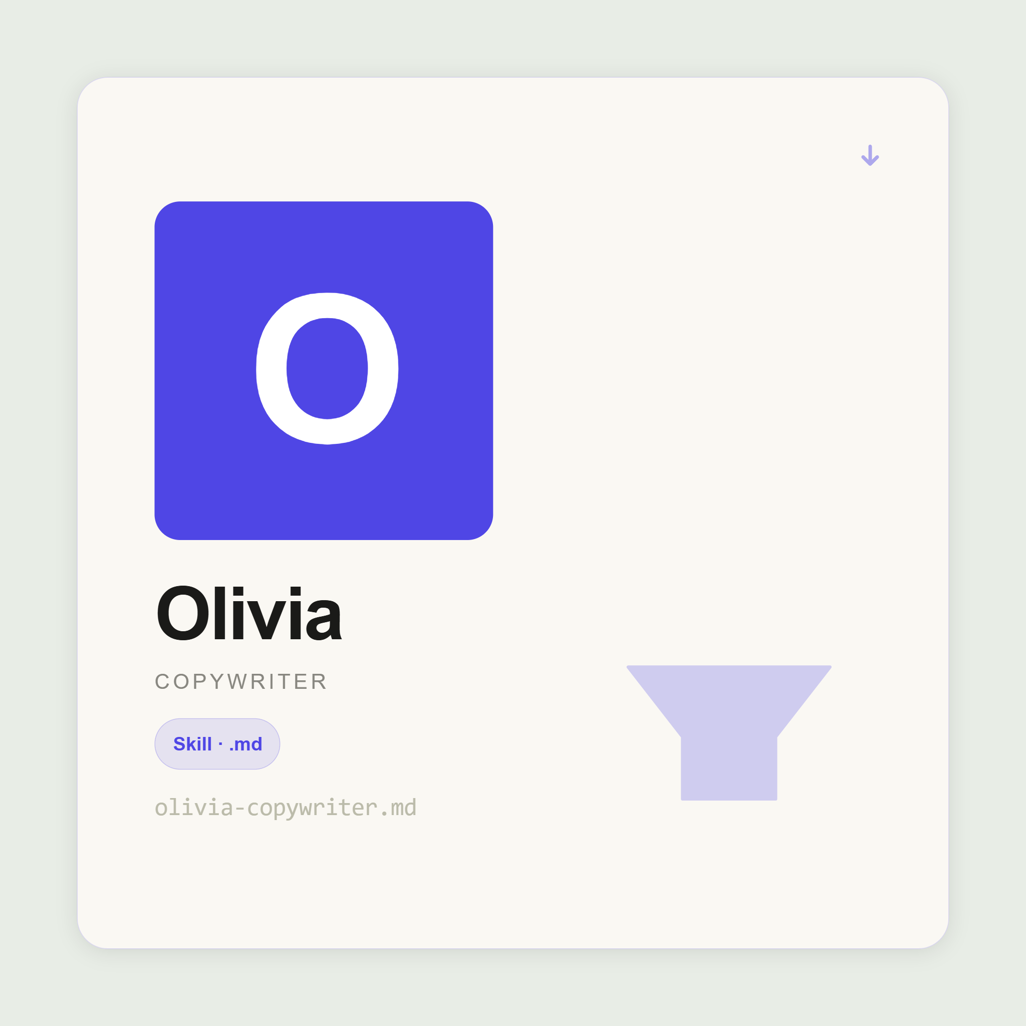 Olivia writes campaign headlines, website copy, email sequences, TV scripts, and brand voice guidelines inside Claude. Strategic. Specific. No filler. Ever.
