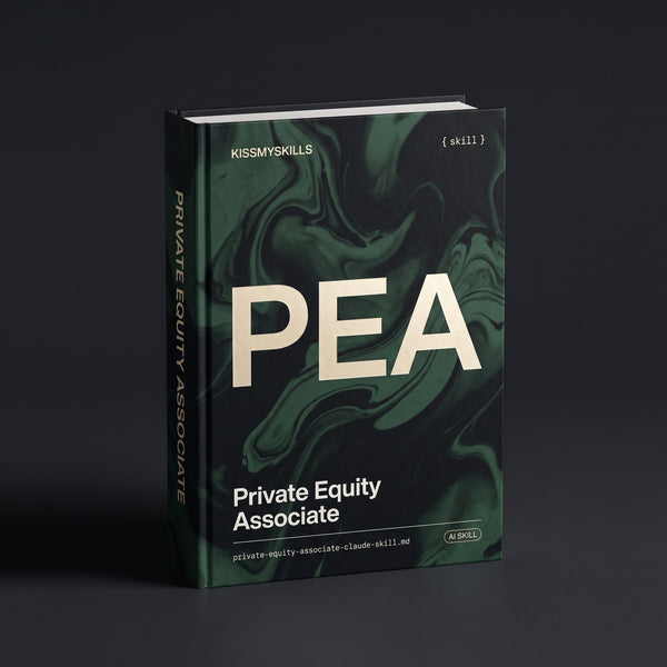Private Equity Associate Claude skill by KissMySkills, deep banknote green ink-cloud cover with the monogram PEA