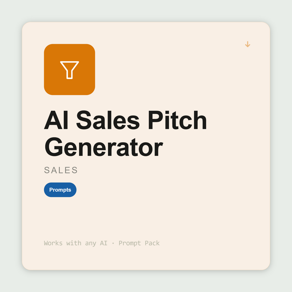 Generate a 30-second, 5-minute, and deck version of your sales pitch with objection handling. Works with Claude & ChatGPT. Instant use.
