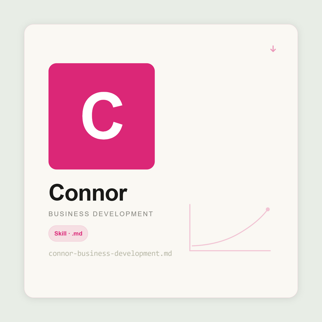 Connor builds BD strategy inside Claude — partner programmes, market entry, strategic alliances, referral agreements, and co-selling frameworks. Grow beyond direct sales.