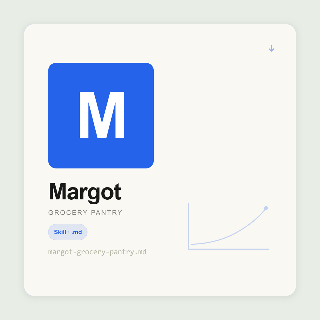 Margot builds shopping lists, designs your essential pantry, reduces food waste, and navigates supermarket deals inside Claude. Budget-aware. System-minded. Practical.