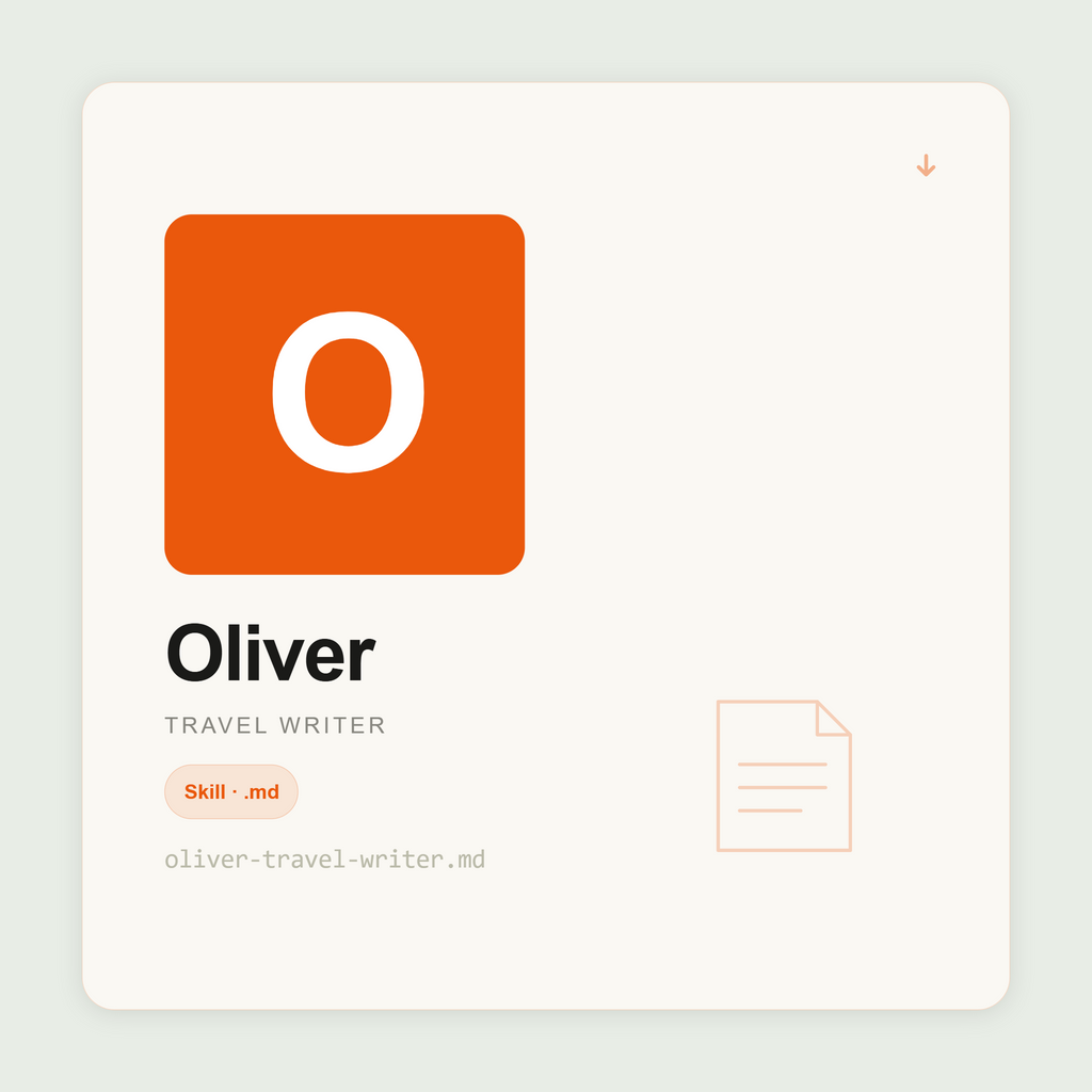 Oliver writes travel blog posts, destination guides, Instagram captions, and trip reports inside Claude. Atmospheric. Specific. Turns your notes into great content.