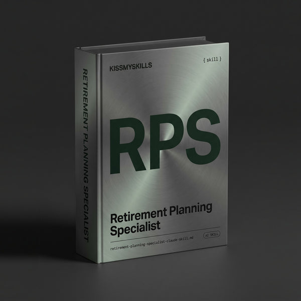 Retirement Planning Specialist Claude skill by KissMySkills, polished dark pewter cover with the monogram RPS