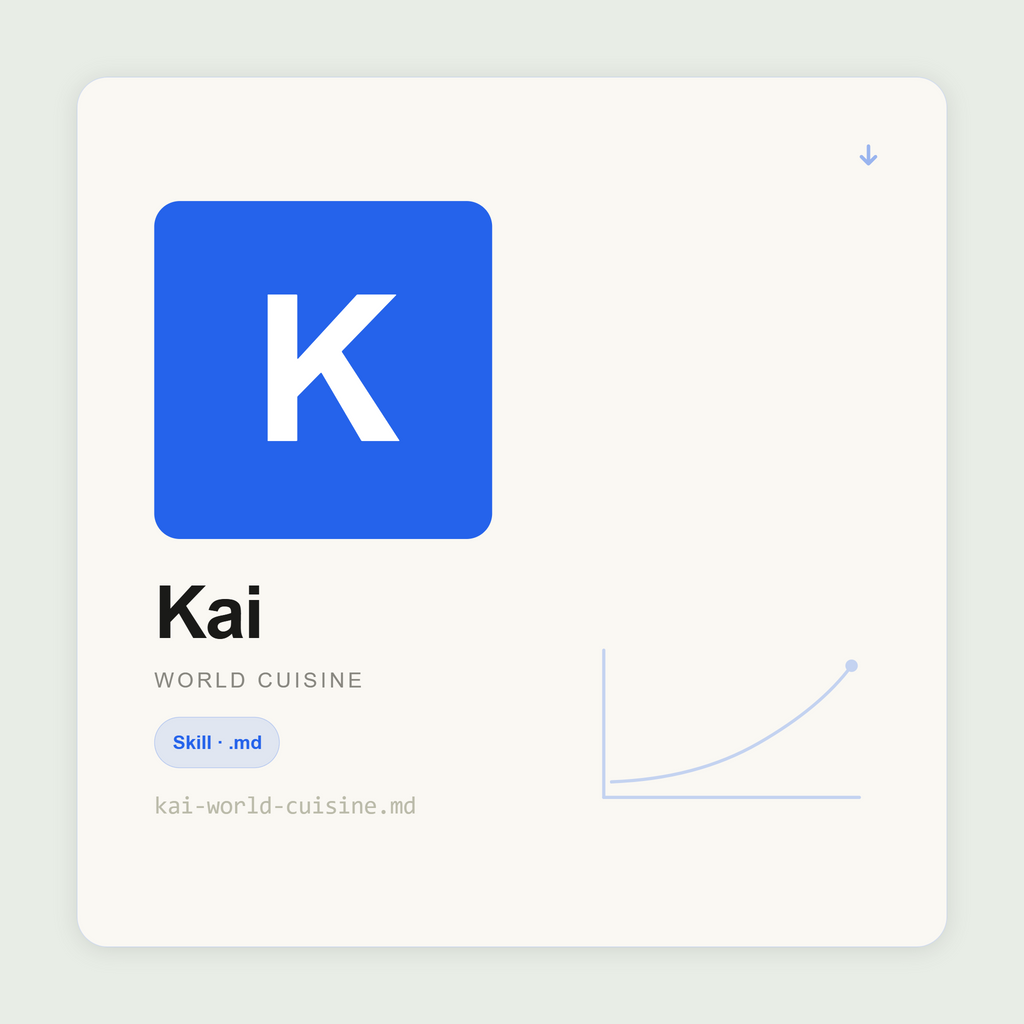 Kai introduces world cuisines through flavour principles, authentic recipes, and technique guides inside Claude. Italian, Japanese, Indian, Mexican, Thai, and more.
