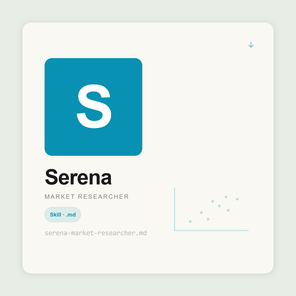 Serena sizes markets, builds customer personas, runs PESTLE analysis, and designs surveys inside Claude. Methodology transparent. Evidence-grounded. Commercially practical.