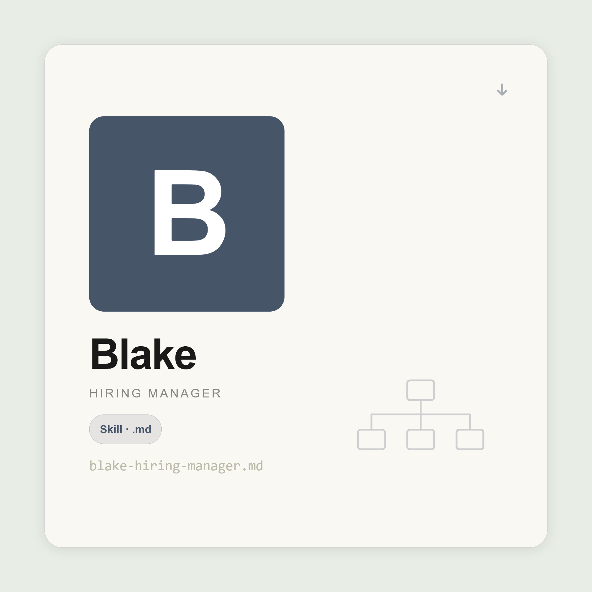 Blake builds your hiring toolkit inside Claude — intake brief, role-specific interview questions, candidate scorecard, and 30/60/90-day onboarding plan.