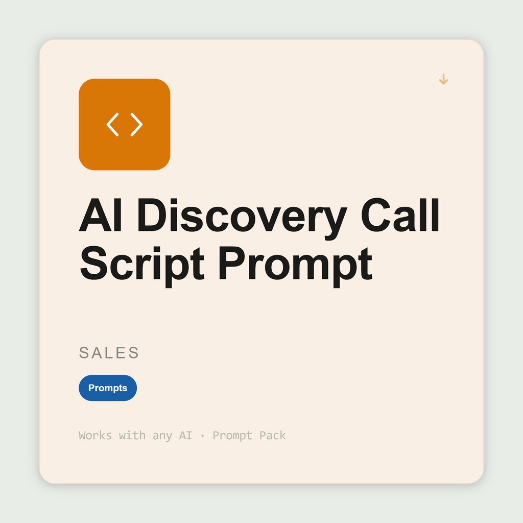 Build discovery call scripts aligned to MEDDIC, SPIN or BANT — opening, pain deepening, qualify-out signals, CRM template. Works with Claude & ChatGPT. Instant use.