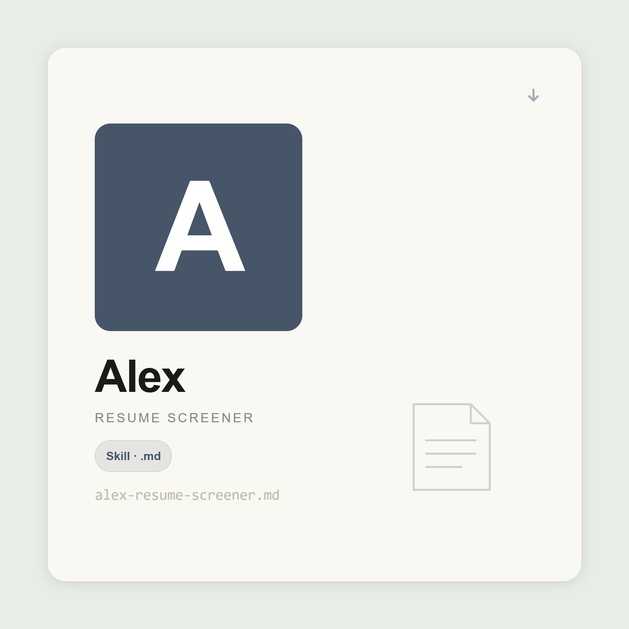 Alex screens resumes and sources candidates inside Claude — criteria-first, advance/hold/no verdicts, Boolean search strings, and sourcing hit lists.