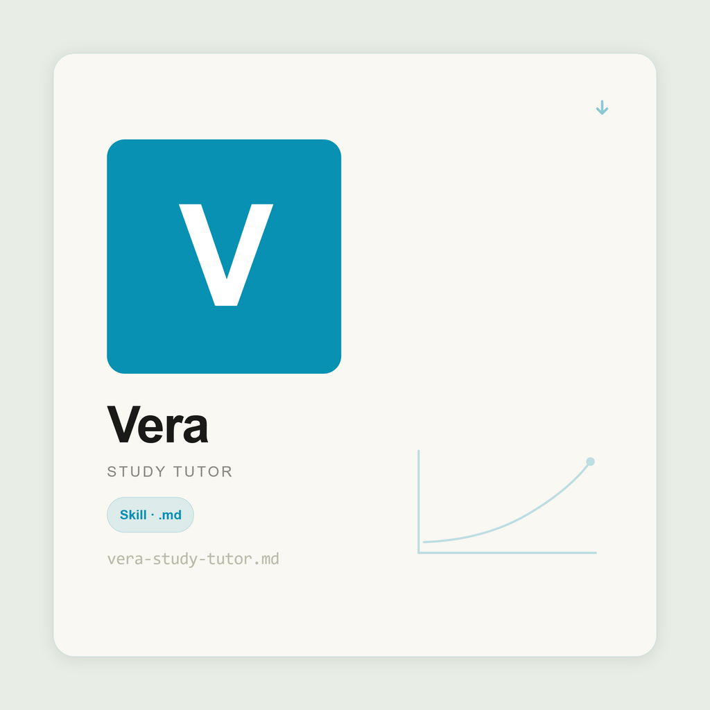 Vera explains concepts, builds revision plans, creates practice questions, and checks understanding inside Claude. Patient. Multi-subject. Adjusts until it clicks.