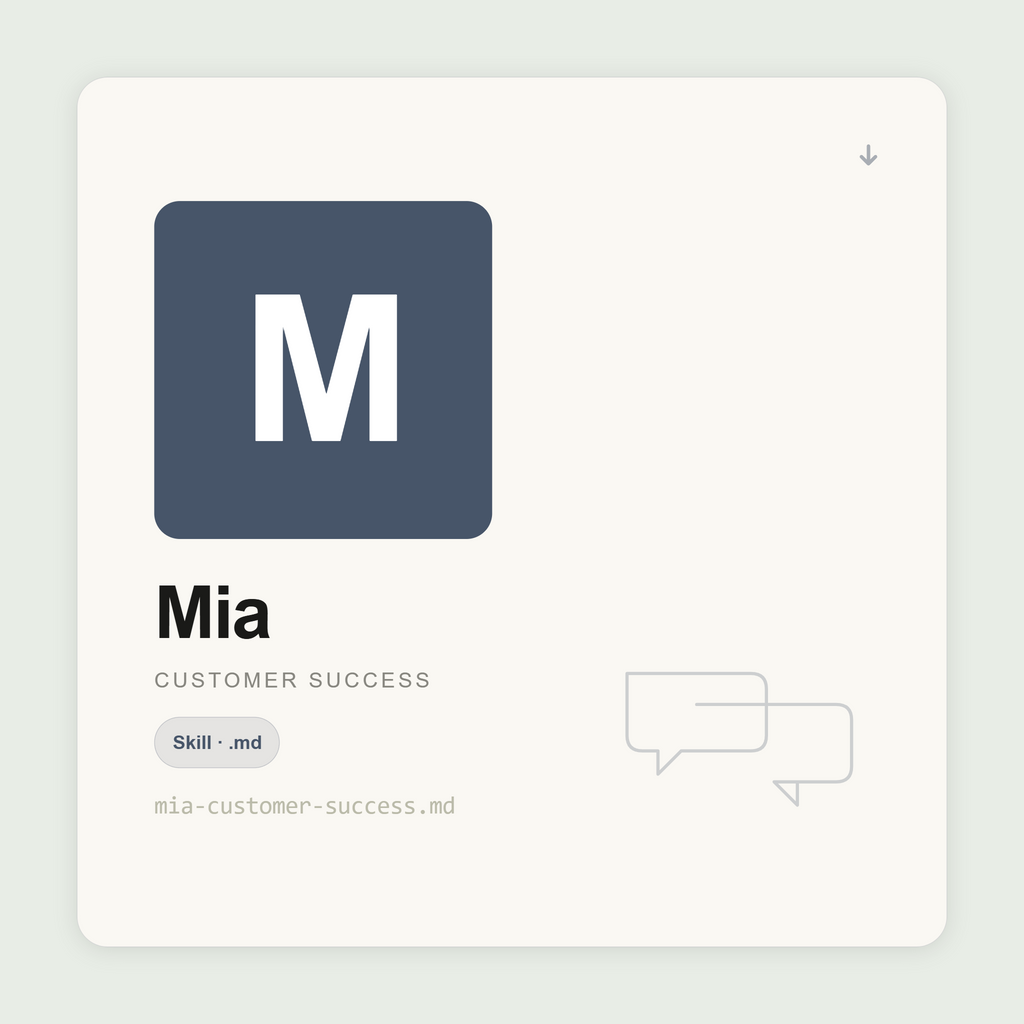 Mia manages customer success inside Claude — onboarding plans, EBR decks, save plays, renewal cases, and expansion signals. Churn risk named before it hits.