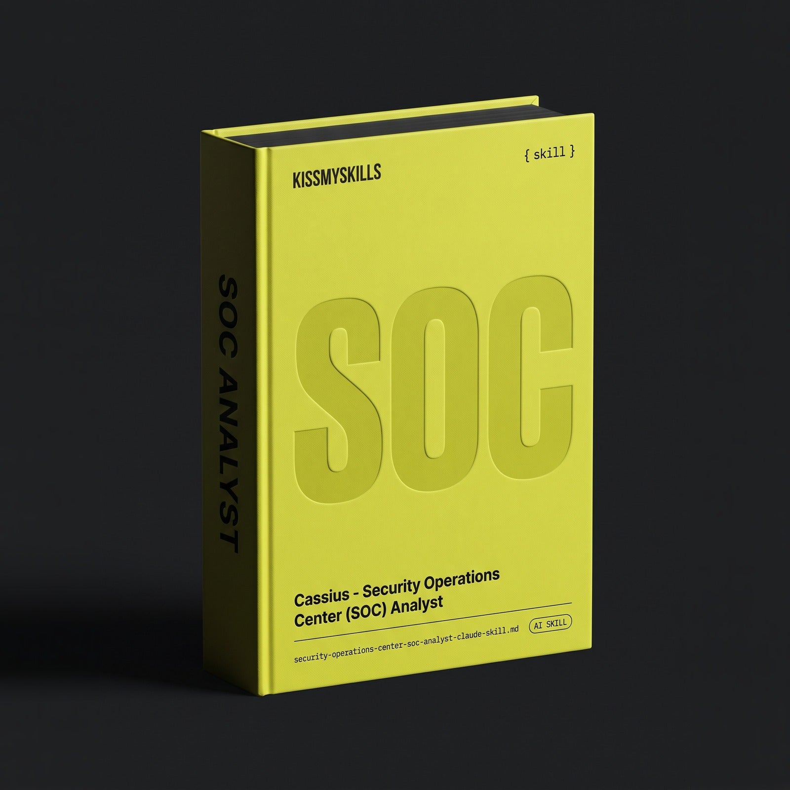 Security Operations Center (SOC) Analyst Claude skill by KissMySkills, acid citron bookcloth cover with the monogram SOC
