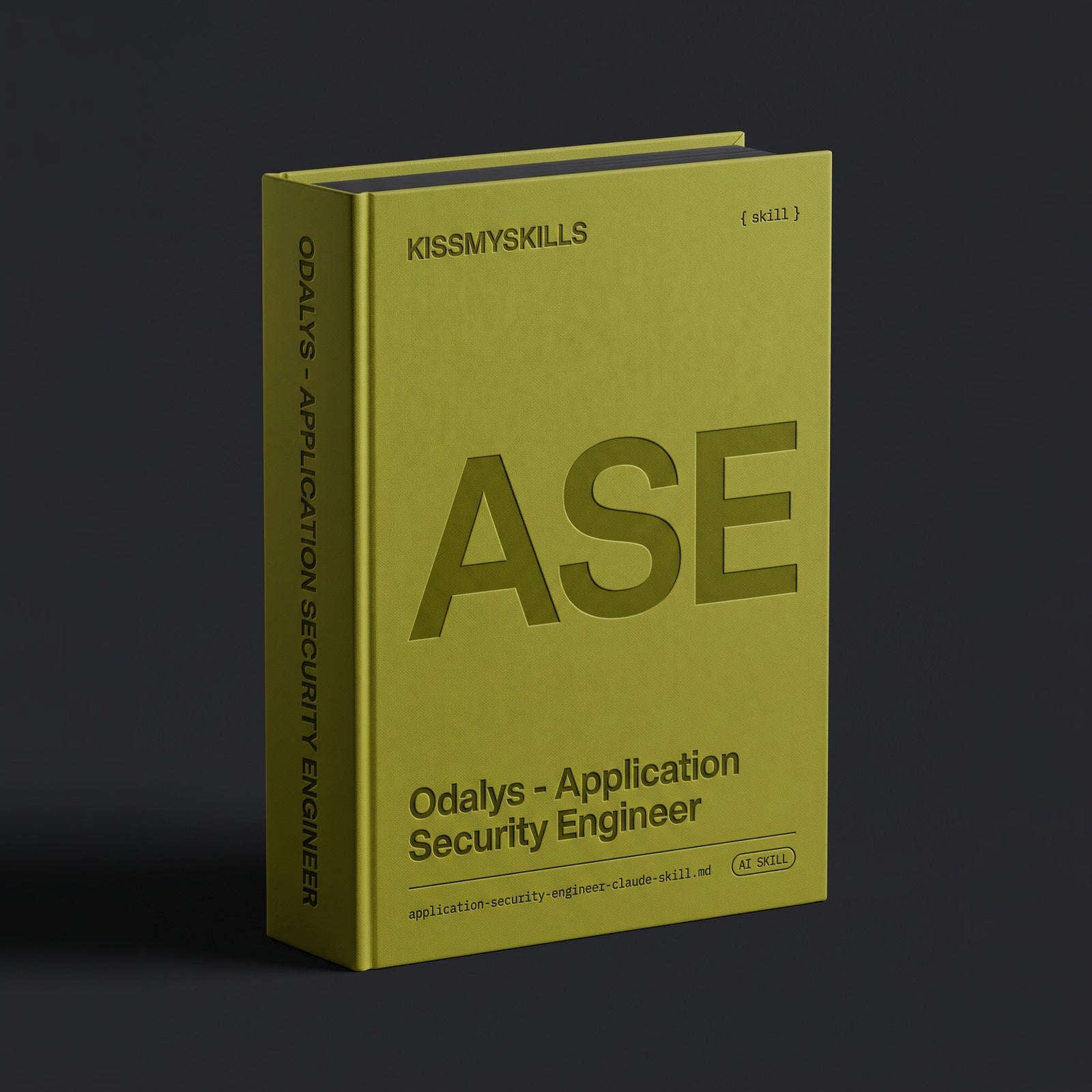 Application Security Engineer Claude skill by KissMySkills, deep chartreuse bookcloth cover with the monogram ASE
