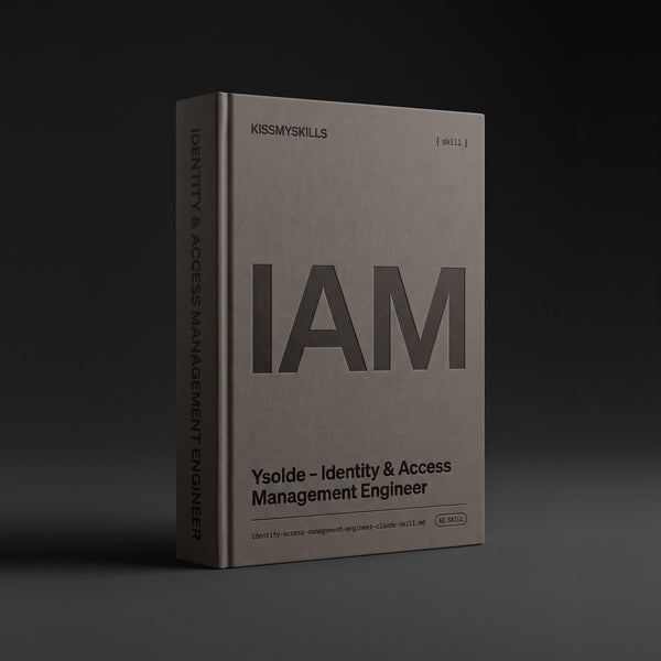 Identity & Access Management Engineer Claude skill by KissMySkills, warm graphite bookcloth cover with the monogram IAM