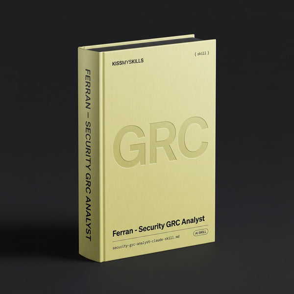 Security GRC Analyst Claude skill by KissMySkills, brushed pale citron steel cover with the monogram GRC