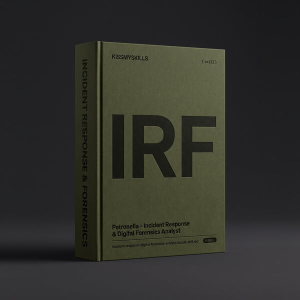 Incident Response & Digital Forensics Analyst Claude skill by KissMySkills, near-black olive-lime cotton-rag cover with the monogram IRF