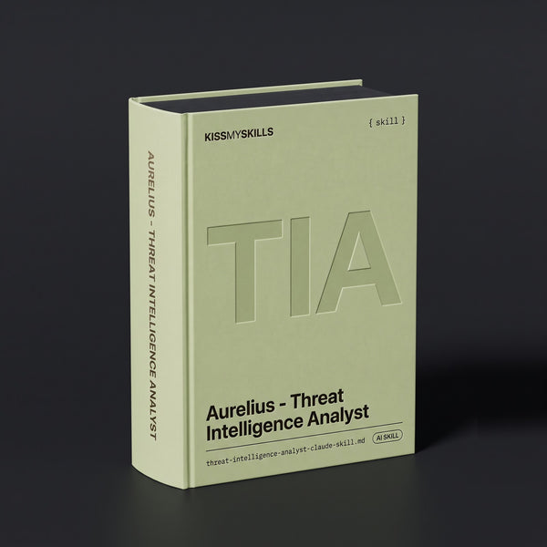 Threat Intelligence Analyst Claude skill by KissMySkills, pale sage-lime bookcloth cover with the monogram TIA