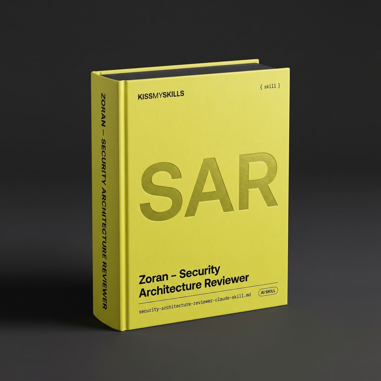 Security Architecture Reviewer Claude skill by KissMySkills, acid citron bookcloth cover with the monogram SAR