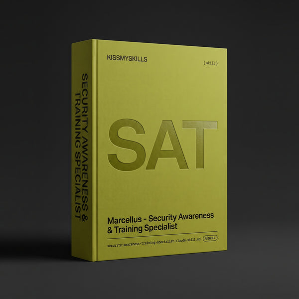 Security Awareness & Training Specialist Claude skill by KissMySkills, deep chartreuse bookcloth cover with the monogram SAT