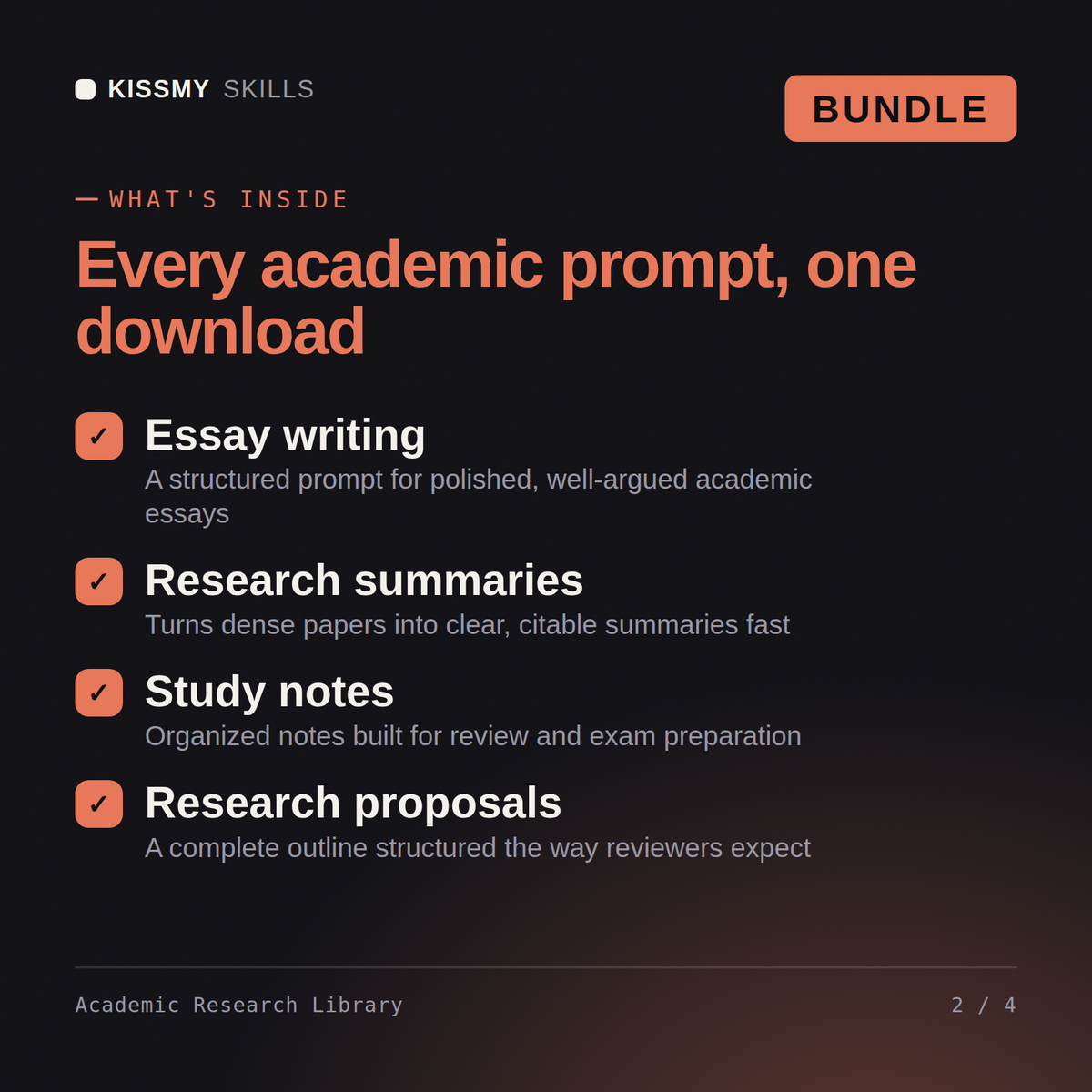 What's inside the Academic Research Library AI bundle: Essay writing, Research summaries, Study notes, Research proposals