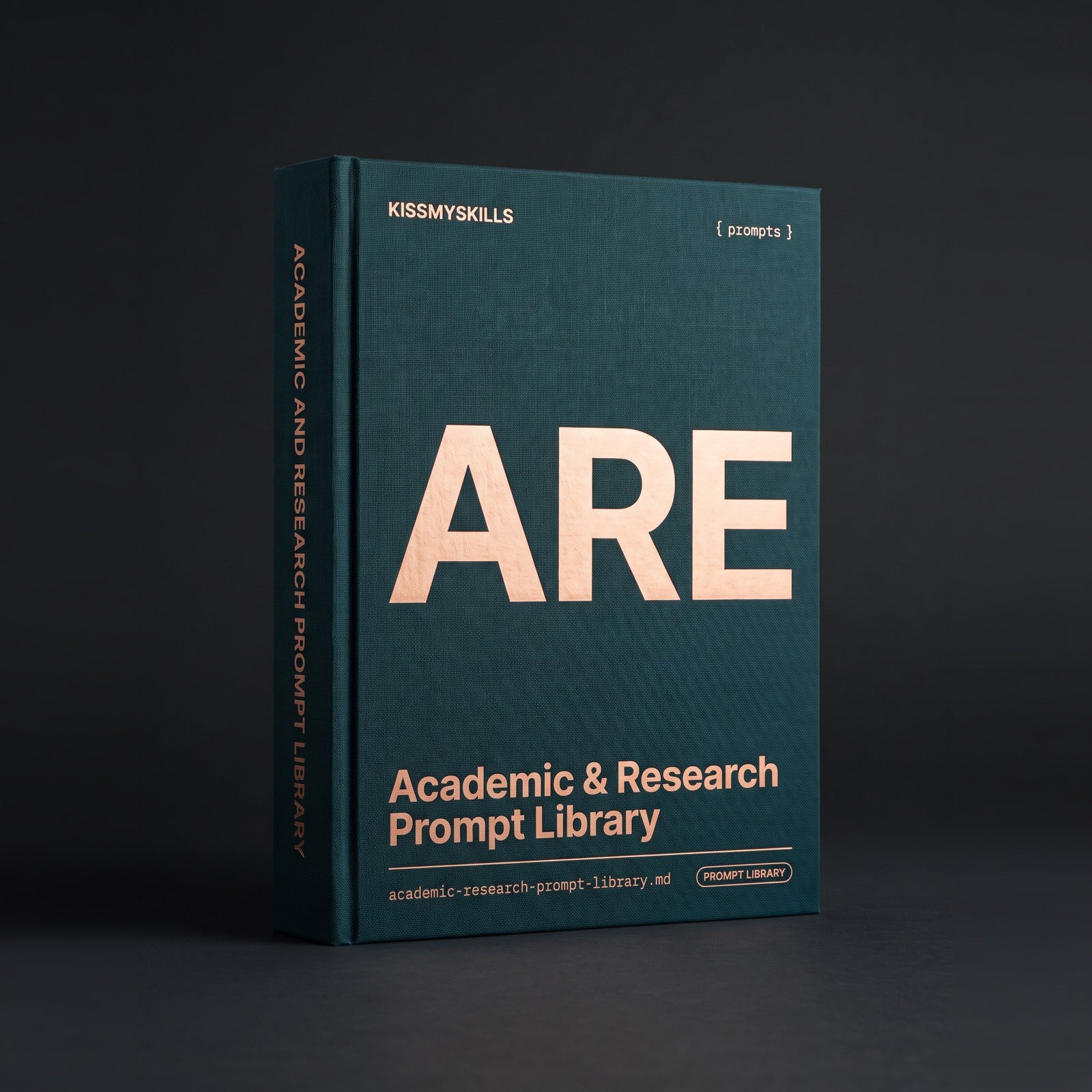 Academic & Research prompts for Claude by KissMySkills, deep teal bookcloth cover with the monogram ARE