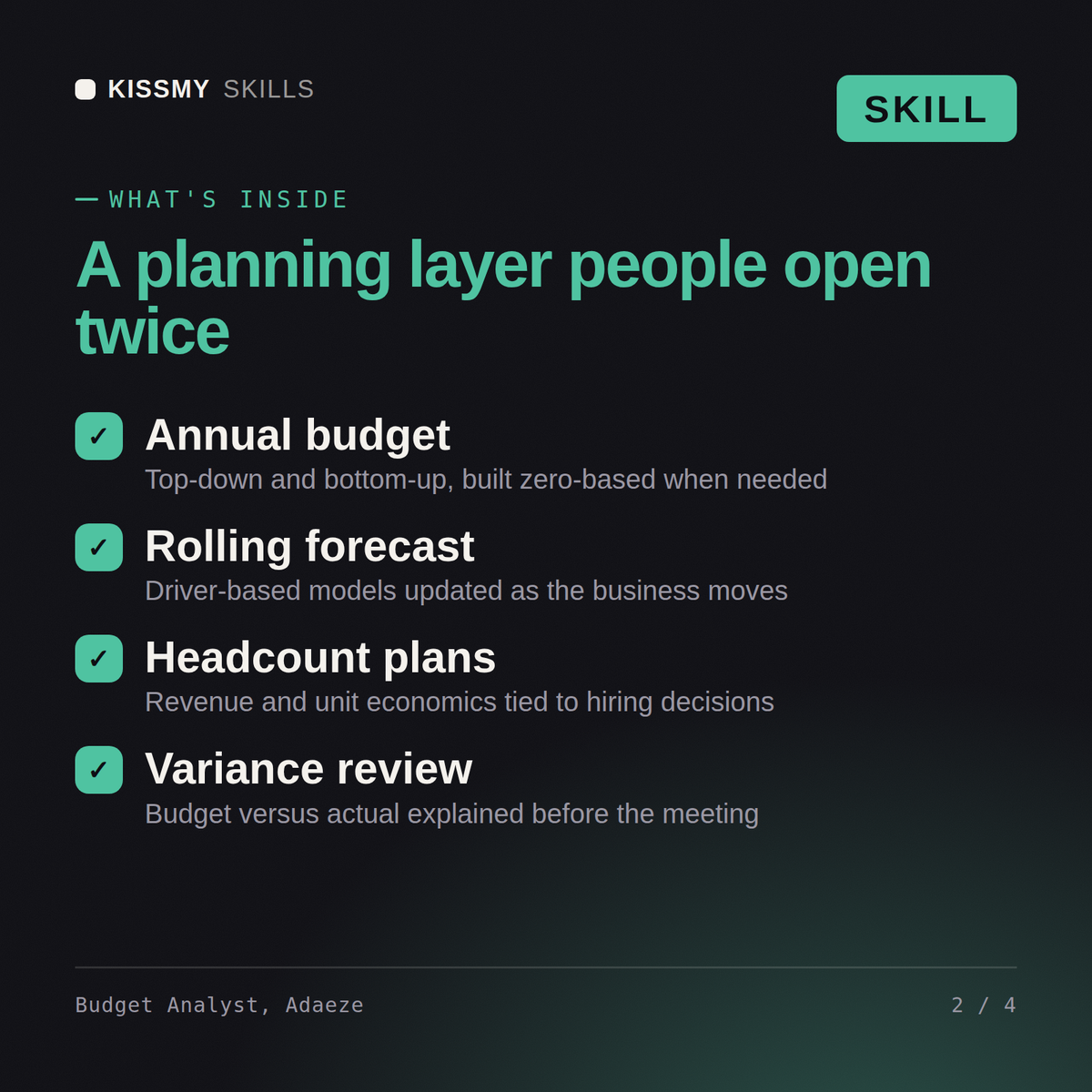 What's inside the Budget Analyst, Adaeze AI skill: Annual budget, Rolling forecast, Headcount plans, Variance review