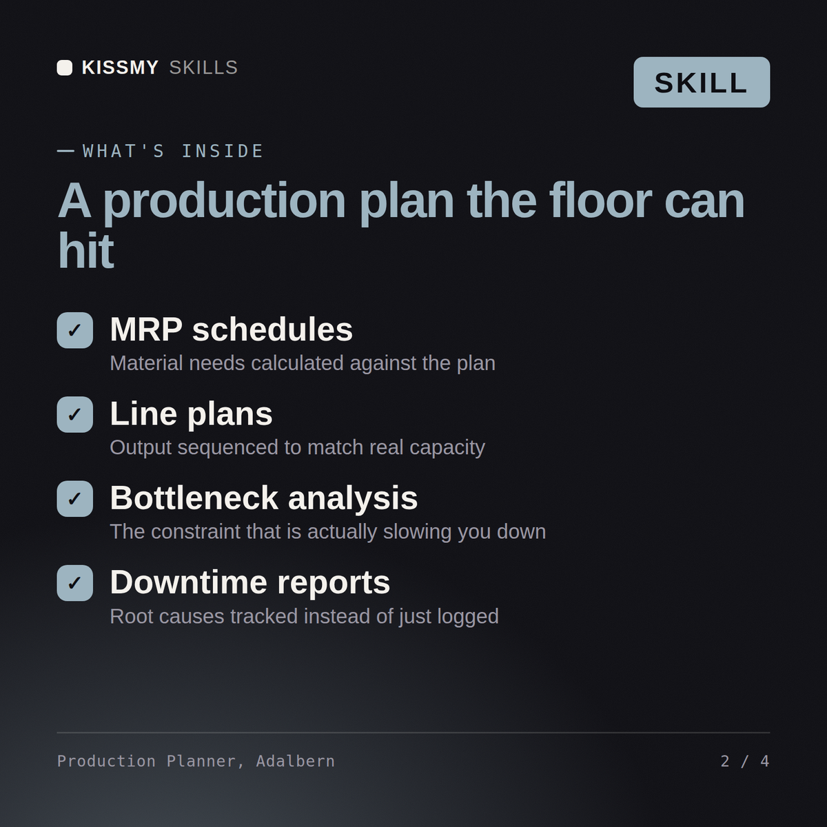 What's inside the Production Planner, Adalbern AI skill: MRP schedules, Line plans, Bottleneck analysis, Downtime reports