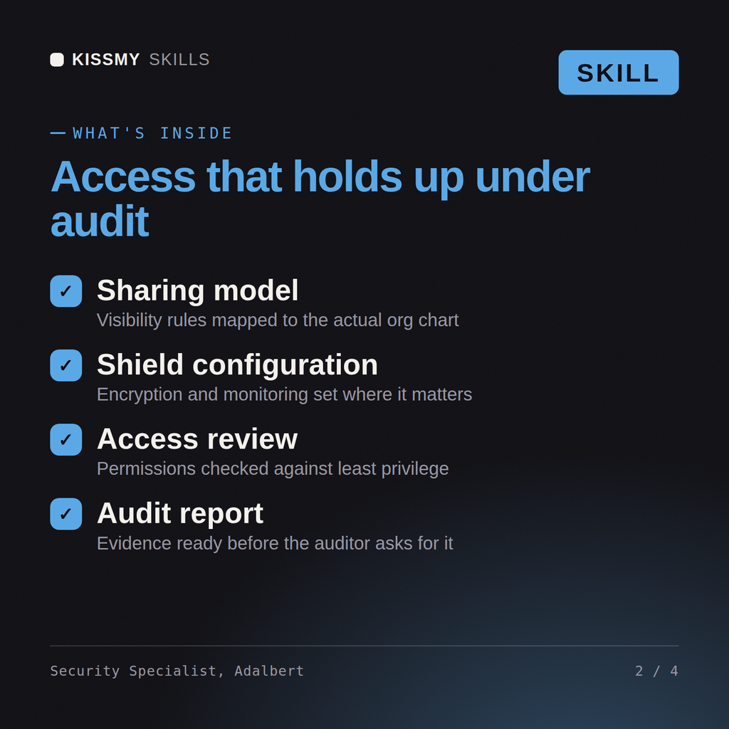 What's inside the Security Specialist, Adalbert AI skill: Sharing model, Shield configuration, Access review, Audit report