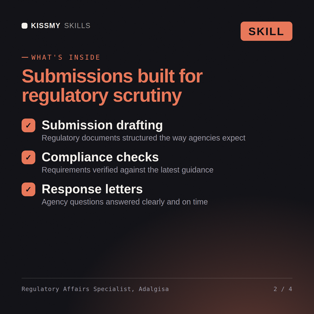 What's inside the Regulatory Affairs Specialist, Adalgisa AI skill: Submission drafting, Compliance checks, Response letters