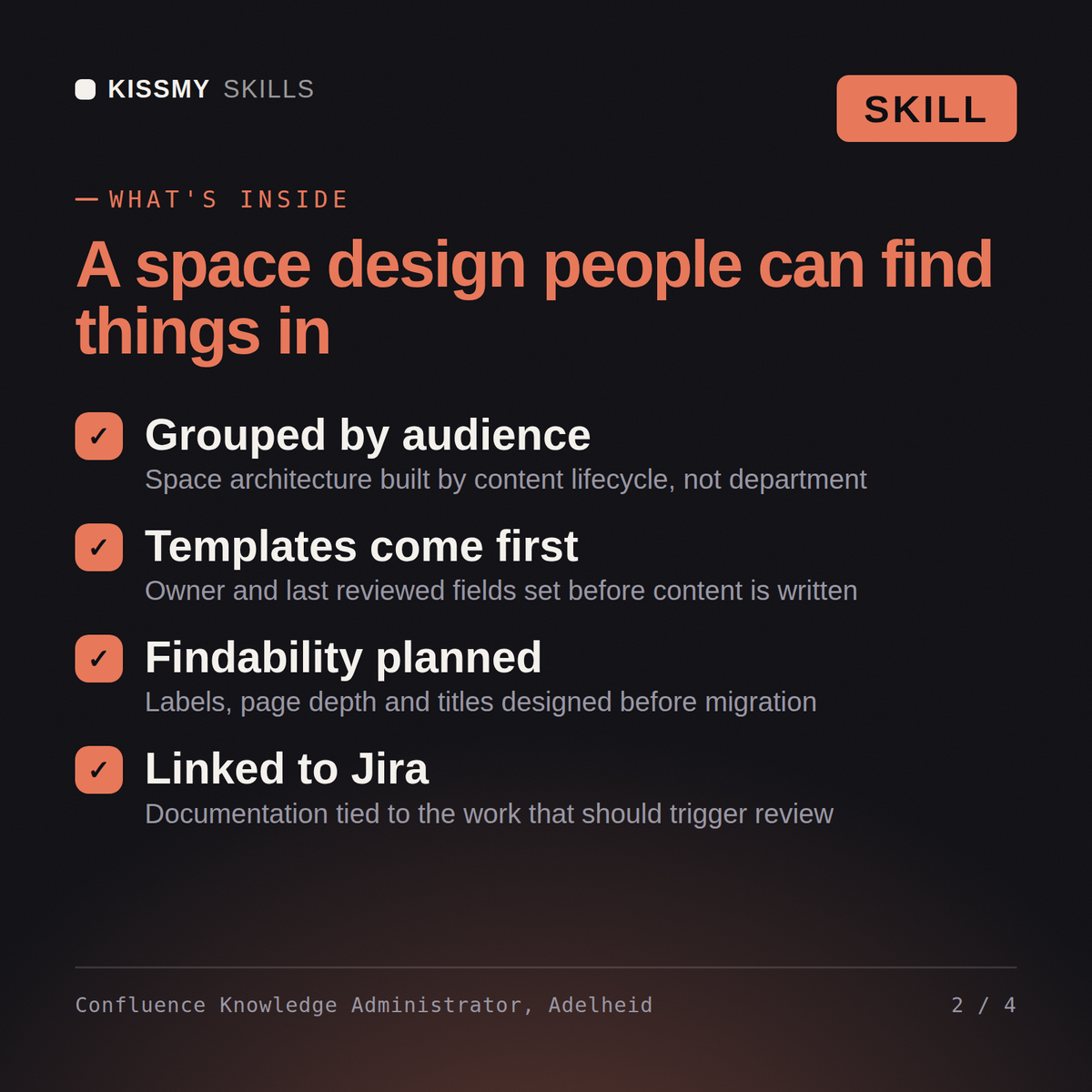 What's inside the Confluence Knowledge Administrator, Adelheid AI skill: Grouped by audience, Templates come first, Findability planned, Linked to Jira