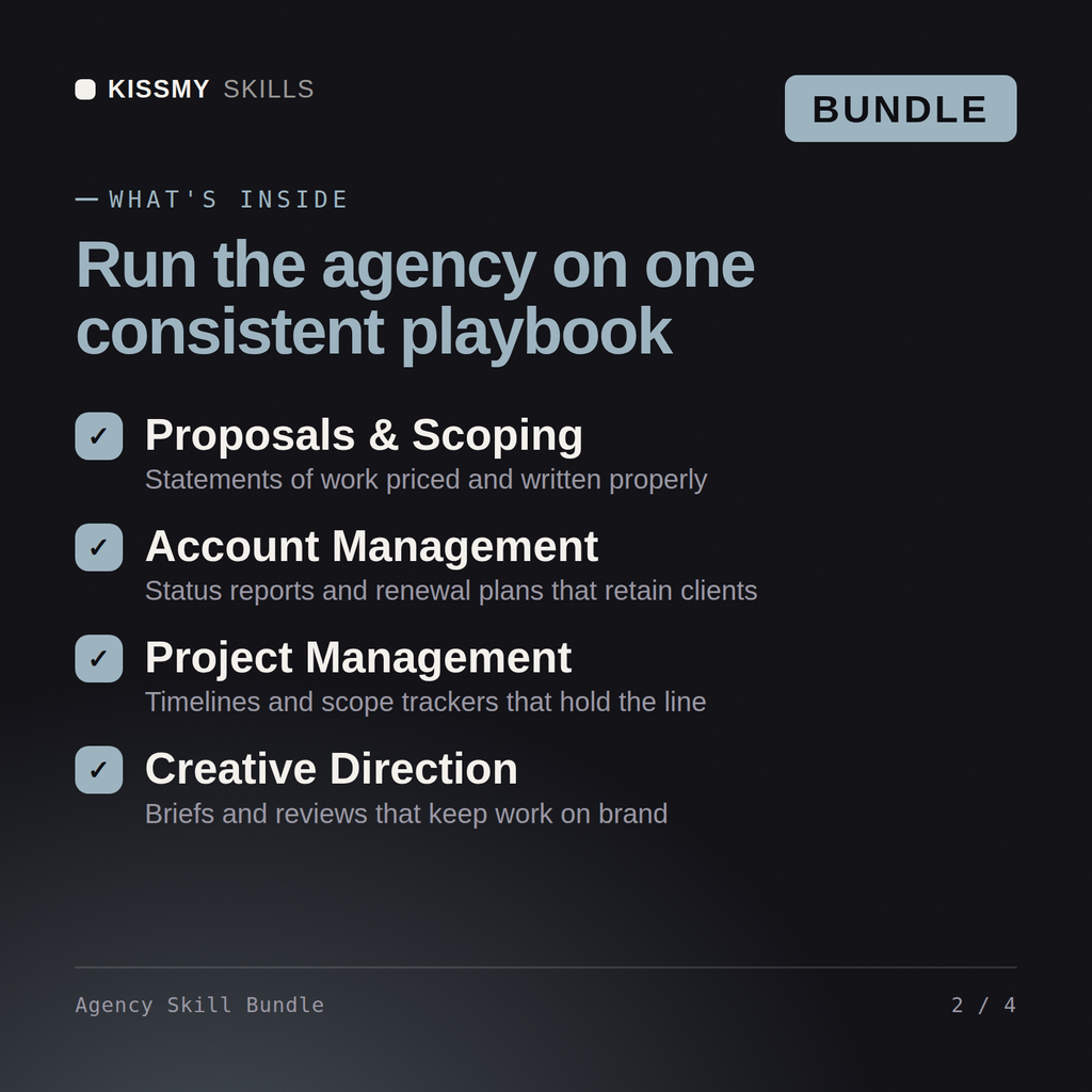 What's inside the Agency Skill Bundle AI bundle: Proposals & Scoping, Account Management, Project Management, Creative Direction