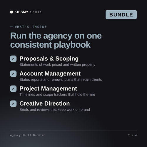 What's inside the Agency Skill Bundle AI bundle: Proposals & Scoping, Account Management, Project Management, Creative Direction