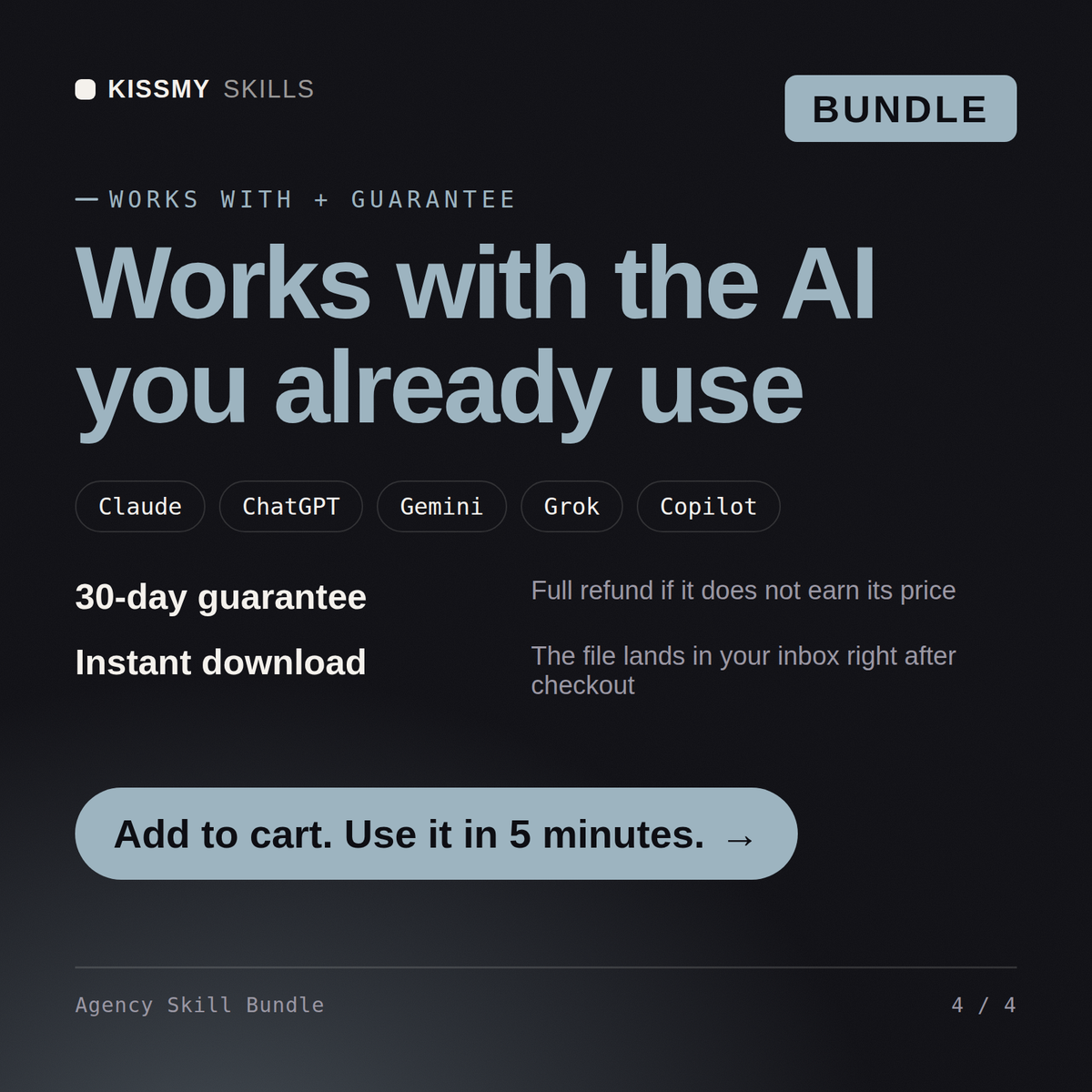 The Agency Skill Bundle AI bundle works with Claude, ChatGPT, Gemini and any AI chat, 30-day money-back guarantee
