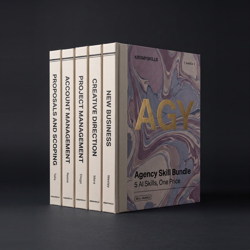 Agency Skill Bundle by KissMySkills, bone cloth hardcover volumes titled Proposals and Scoping, Account Management, Project Management, Creative Direction and New Business