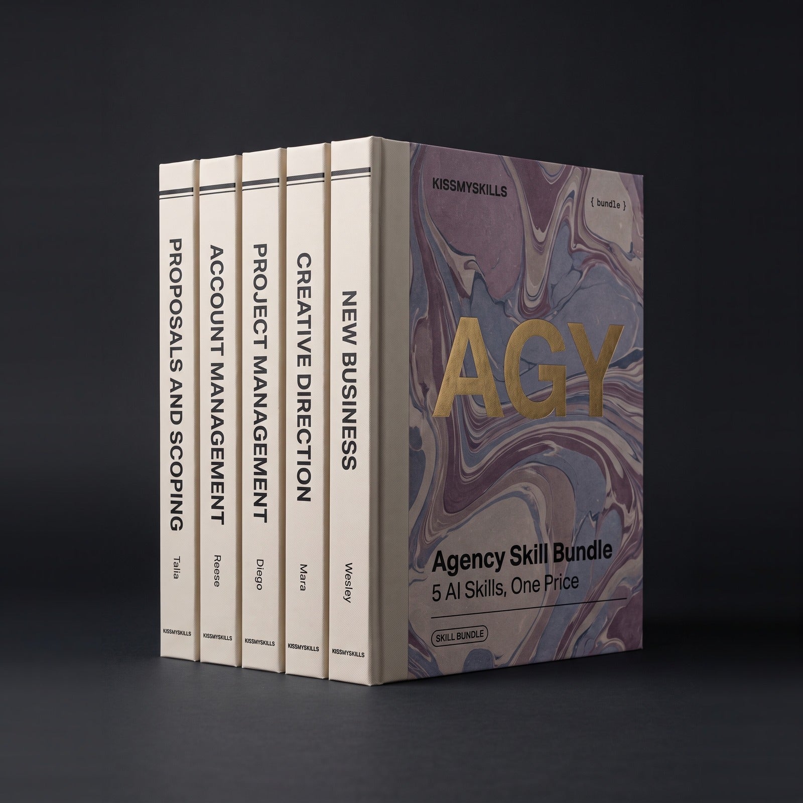 Agency Skill Bundle by KissMySkills, bone cloth hardcover volumes titled Proposals and Scoping, Account Management, Project Management, Creative Direction and New Business