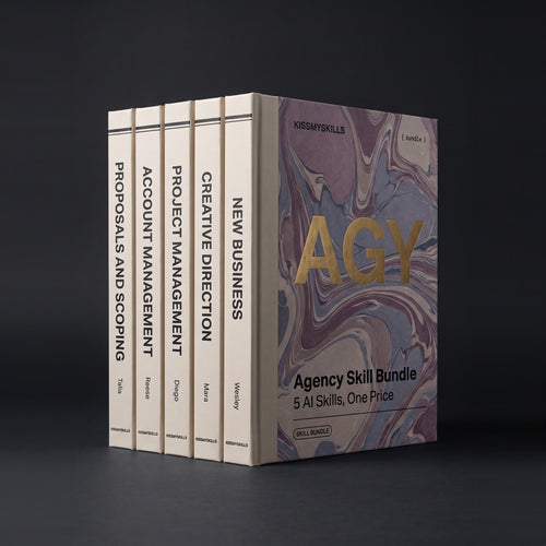 Agency Skill Bundle by KissMySkills, bone cloth hardcover volumes titled Proposals and Scoping, Account Management, Project Management, Creative Direction and New Business