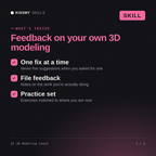 What's inside the AI 3D Modeling Coach AI skill: One fix at a time, File feedback, Practice set