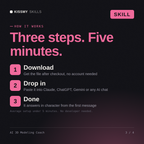 How the AI 3D Modeling Coach AI skill works in three steps: download, drop it into your AI chat, done
