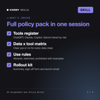 What's inside the AI Acceptable Use Policy Writer AI skill: Tools register, Data x tool matrix, Use rules, Rollout kit