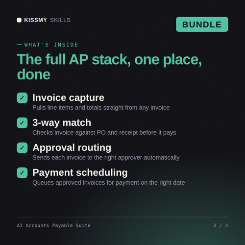 What's inside the AI Accounts Payable Suite AI bundle: Invoice capture, 3-way match, Approval routing, Payment scheduling