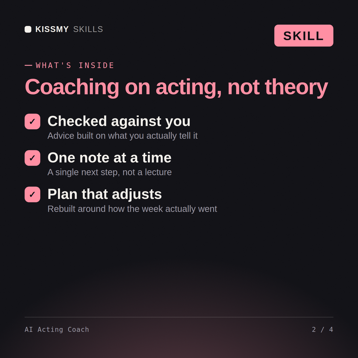 What's inside the AI Acting Coach AI skill: Checked against you, One note at a time, Plan that adjusts
