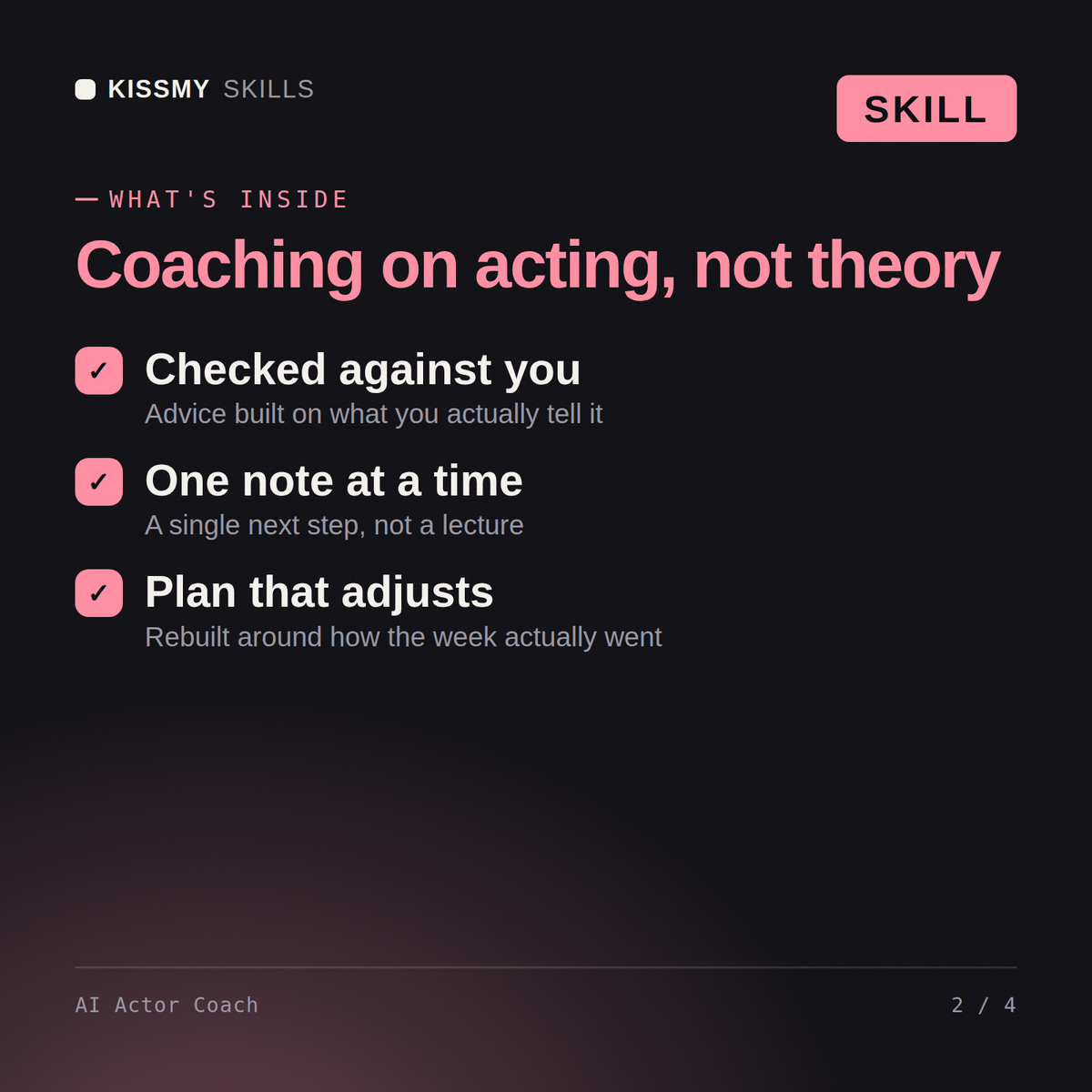 What's inside the AI Actor Coach AI skill: Checked against you, One note at a time, Plan that adjusts