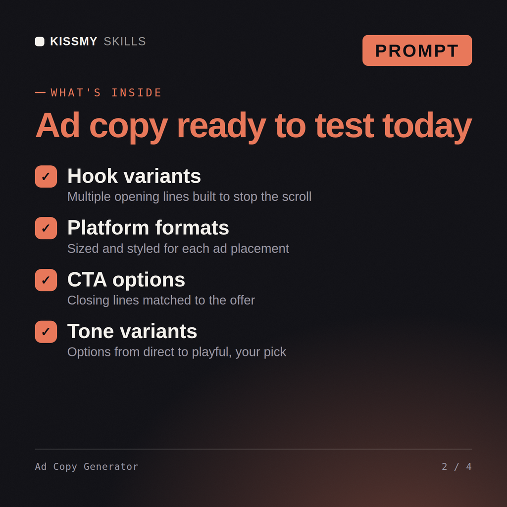 What's inside the Ad Copy Generator AI prompt: Hook variants, Platform formats, CTA options, Tone variants