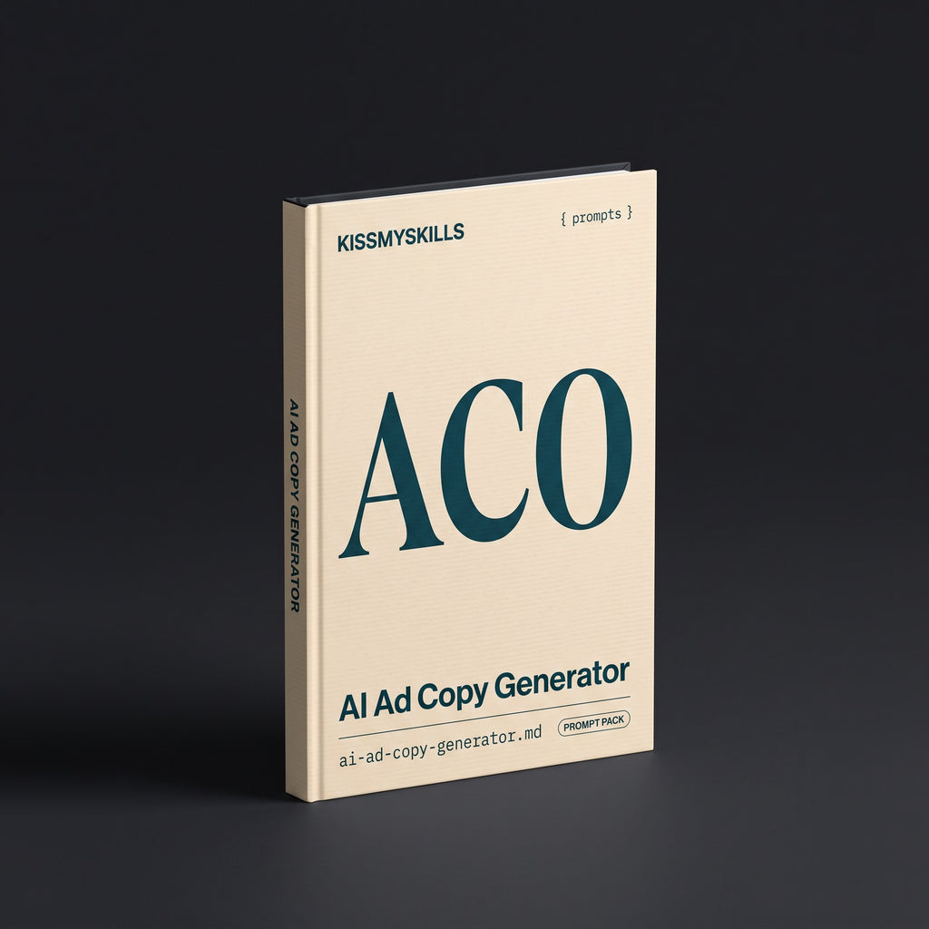 Ad Copy Generator prompts for Claude by KissMySkills, warm oat laid paper cover with the monogram ACO