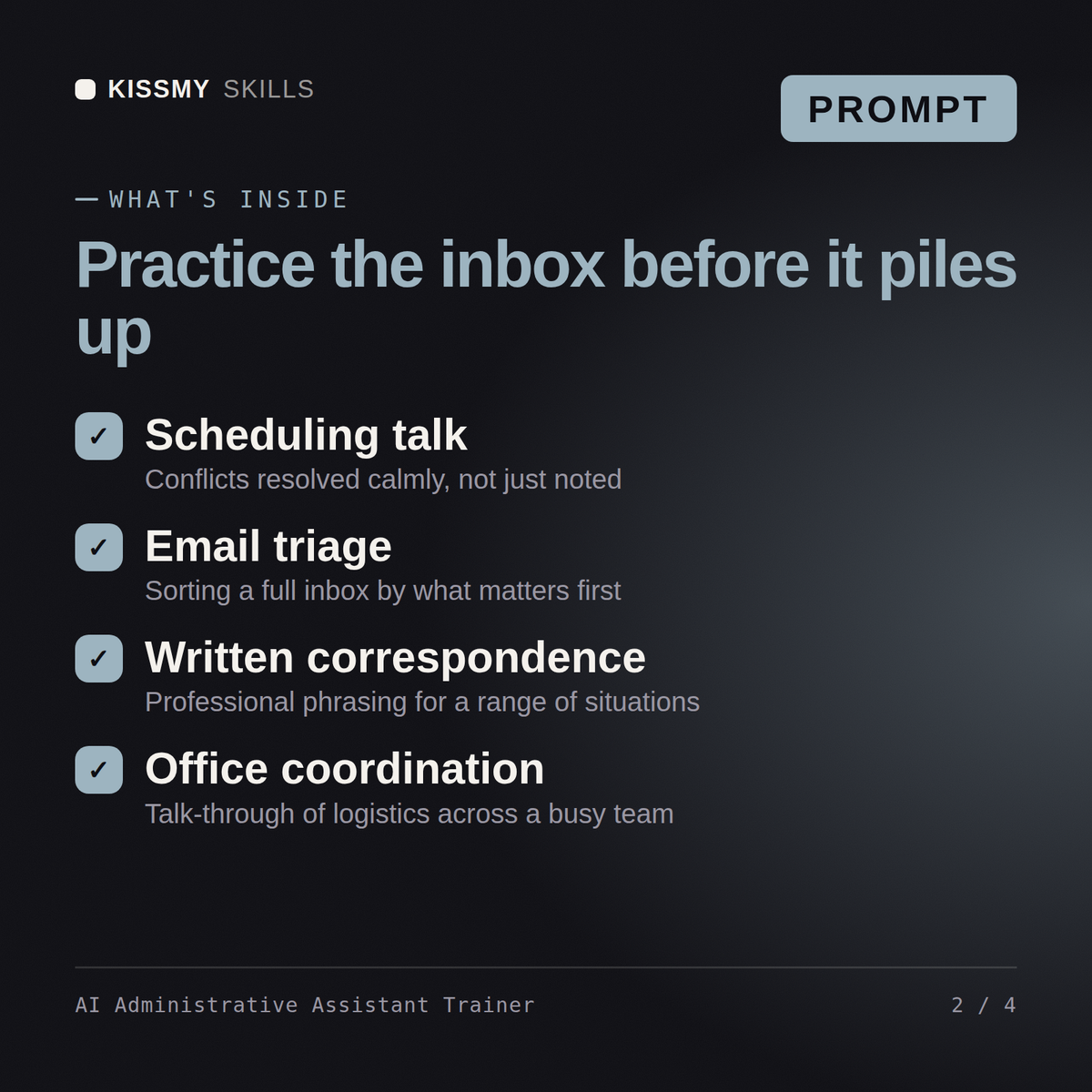 What's inside the AI Administrative Assistant Trainer AI prompt: Scheduling talk, Email triage, Written correspondence, Office coordination