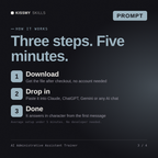 How the AI Administrative Assistant Trainer AI prompt works in three steps: download, drop it into your AI chat, done