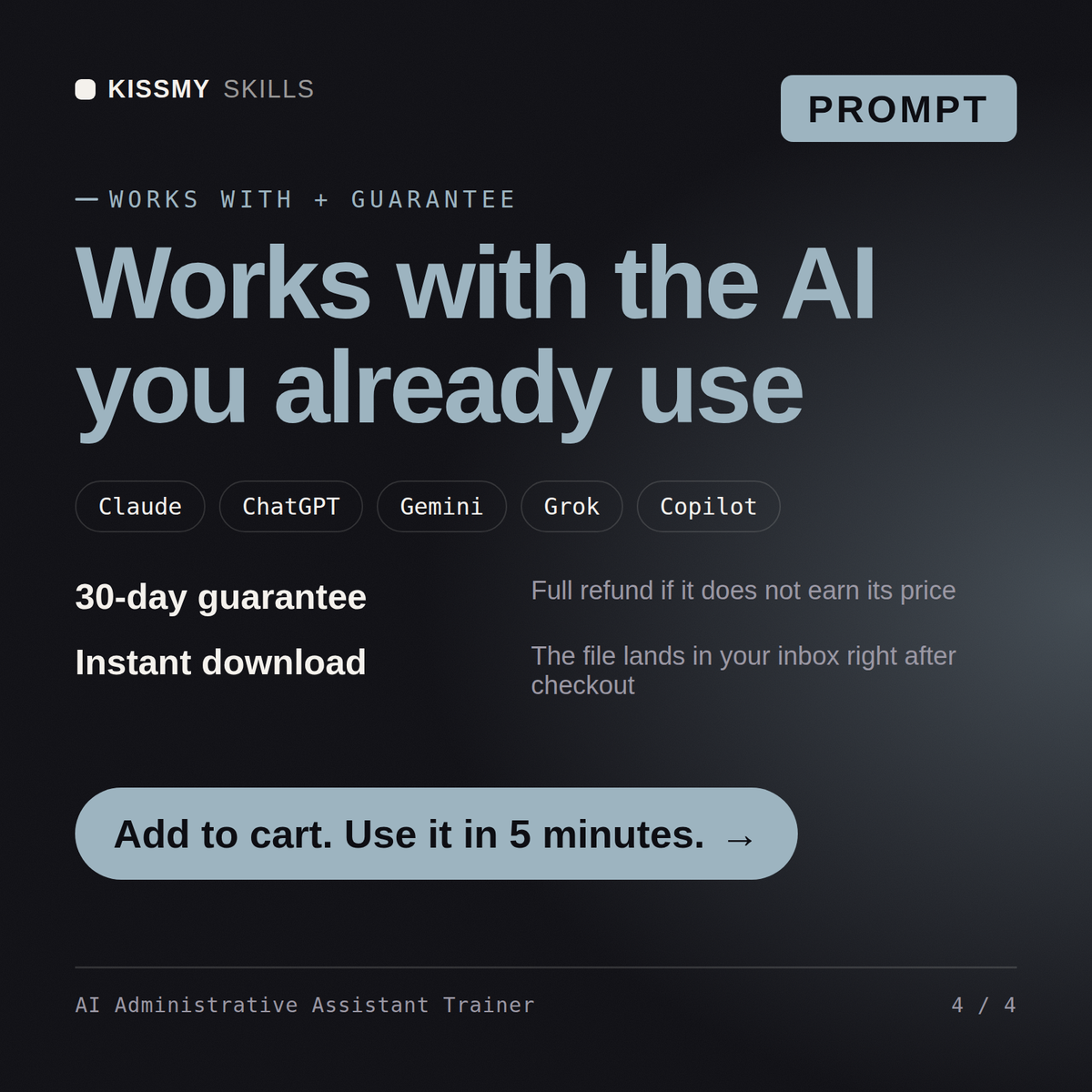 The AI Administrative Assistant Trainer AI prompt works with Claude, ChatGPT, Gemini and any AI chat, 30-day money-back guarantee