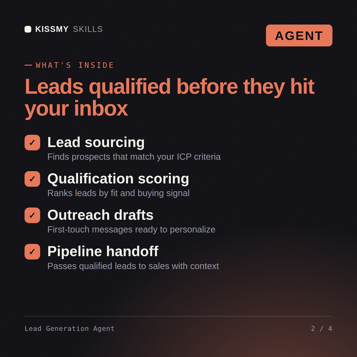 What's inside the Lead Generation Agent AI agent: Lead sourcing, Qualification scoring, Outreach drafts, Pipeline handoff
