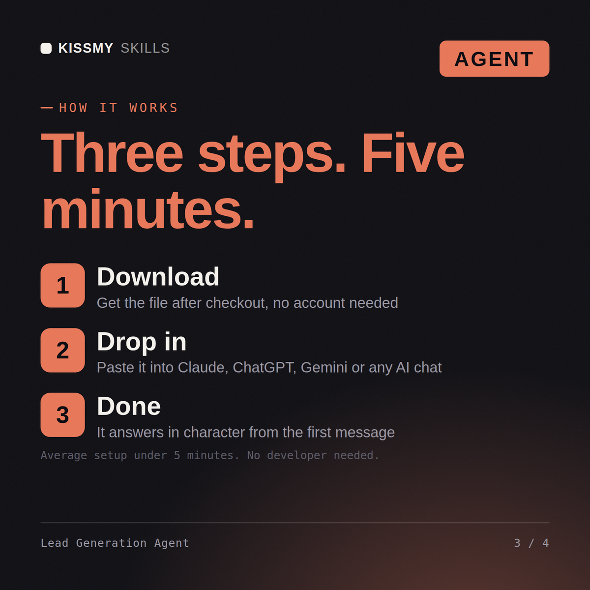 How the Lead Generation Agent AI agent works in three steps: download, drop it into your AI chat, done