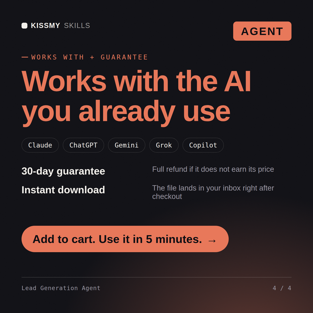 The Lead Generation Agent AI agent works with Claude, ChatGPT, Gemini and any AI chat, 30-day money-back guarantee