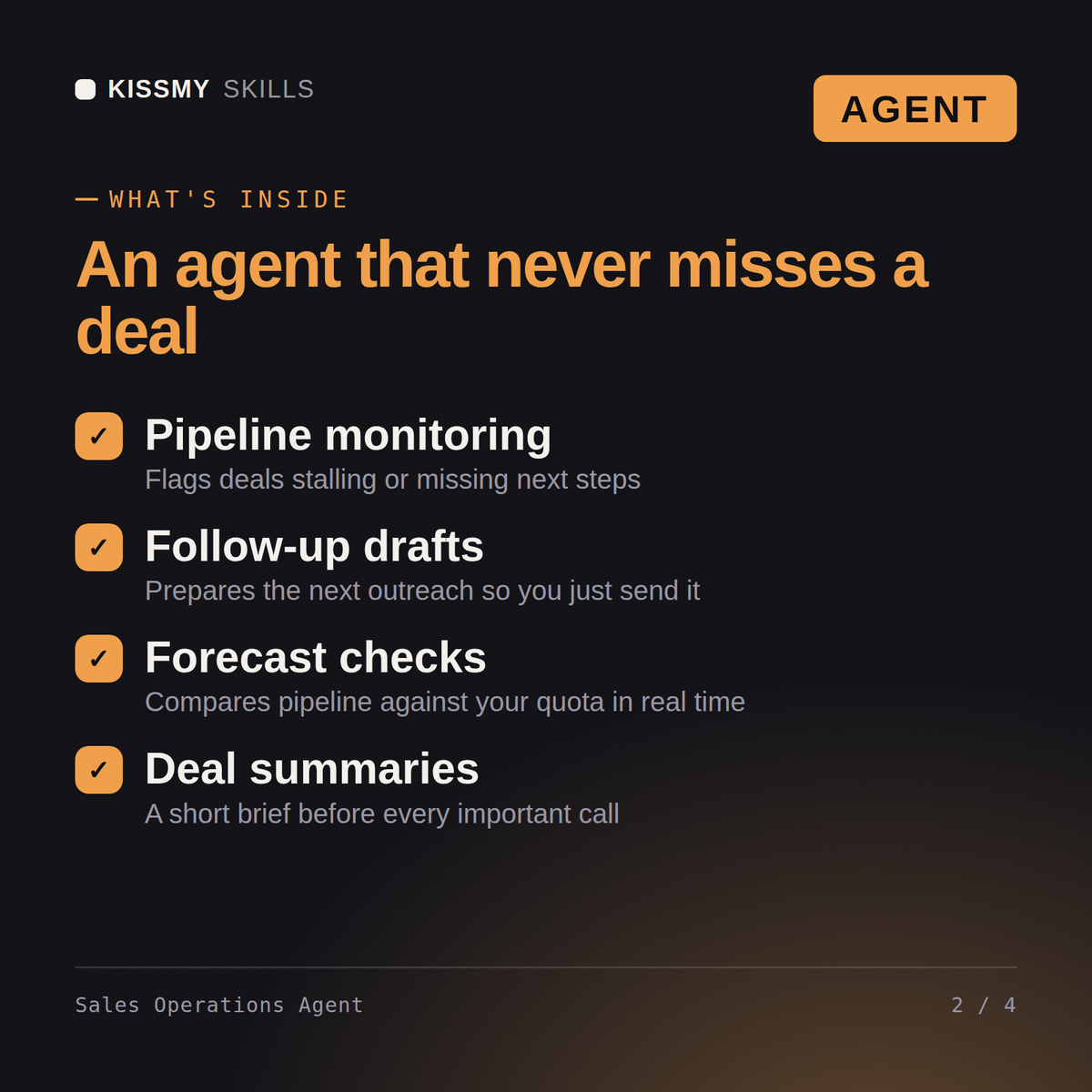 What's inside the Sales Operations Agent AI agent: Pipeline monitoring, Follow-up drafts, Forecast checks, Deal summaries